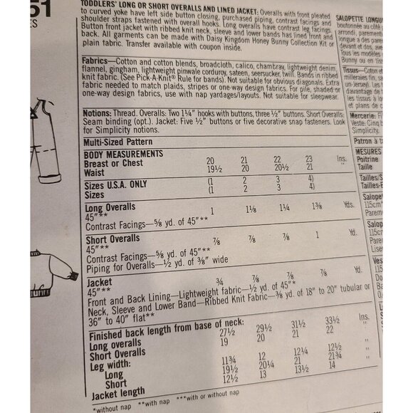 Simplicity 7251 Toddler Overalls Shortalls Jacket Sewing Pattern Size 1-4 Uncut - Picture 7 of 10